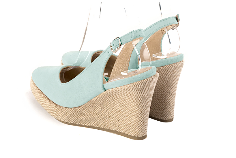 Aquamarine blue women's slingback shoes. Round toe. Very high wedge soles. Rear view - Florence KOOIJMAN